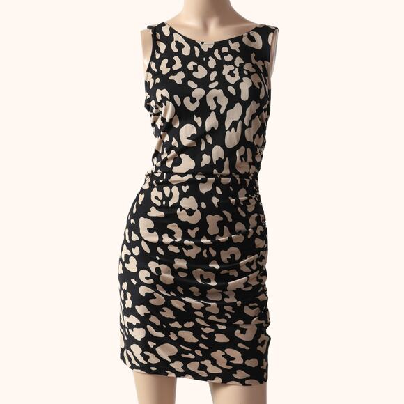 JAY GODFREY Black and Tan Animal Print Silk Mini Dress - Picture 1 of 5